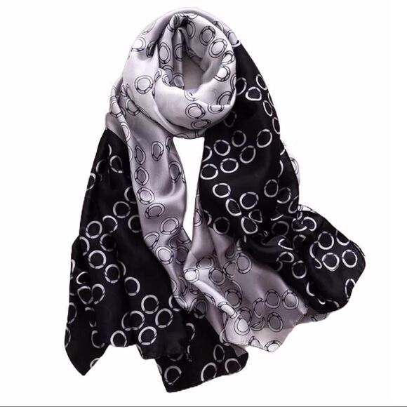 Silk Scarf Oversized Black Gray Abstract Circle Pattern Headscarf, Neck Wrap NEW - Picture 2 of 3